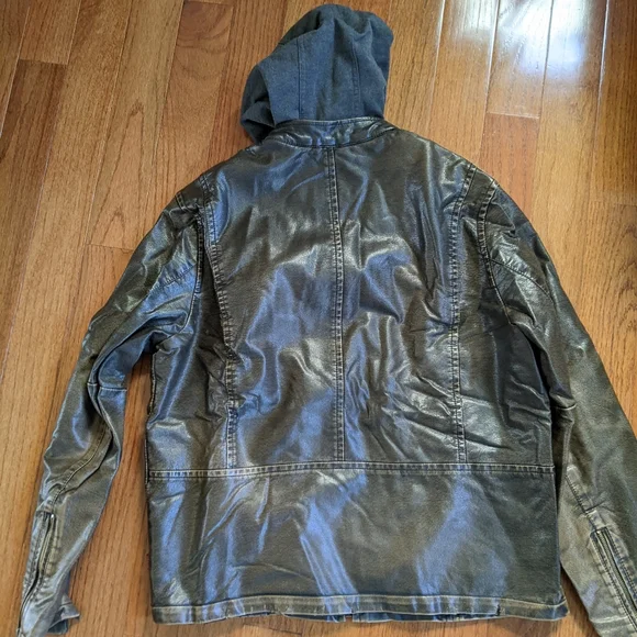 Levi's Chocolate Brown Faux Leather Gray Hoodie Thick Moto Winter Jacket Men's L - Picture 7 of 9